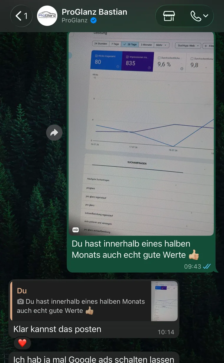 WhatsApp-Nachricht von Bastian mit der Freigabe: Klar kannst das posten.