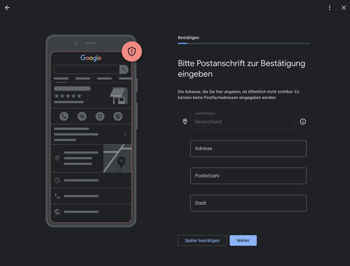 Formular „Bitte Postanschrift zur Bestätigung eingeben“ mit Feldern für Land, Adresse, Postleitzahl und Stadt