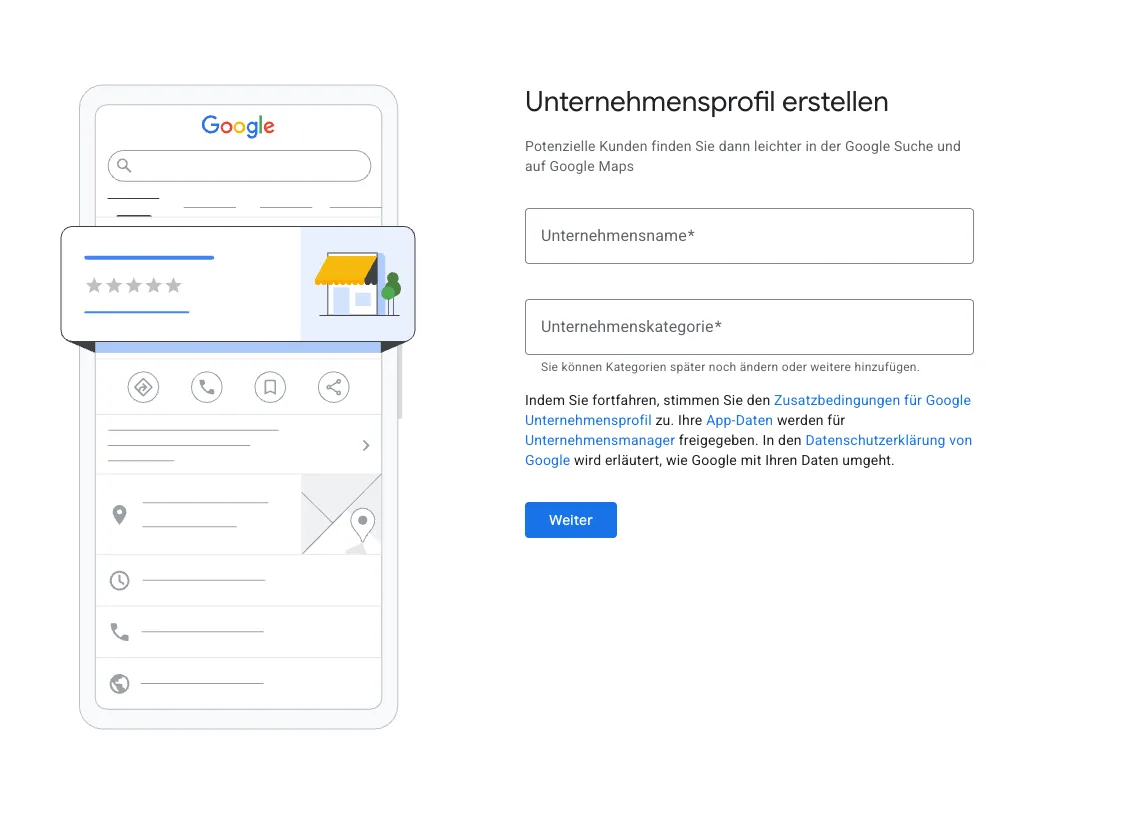 Formular „Unternehmensprofil erstellen“ mit den Feldern Unternehmensname und Unternehmenskategorie