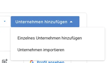 Google Business: Menü „Unternehmen hinzufügen“ mit der Option „Einzelnes Unternehmen hinzufügen“