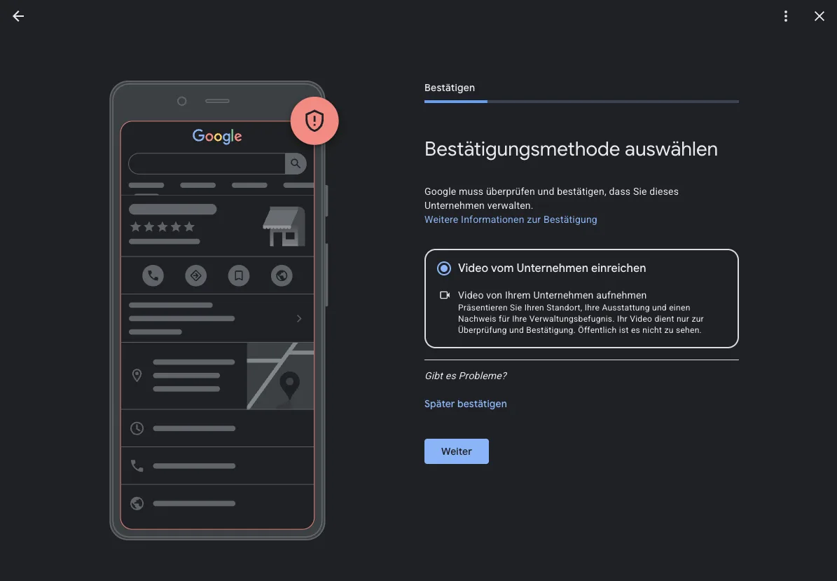 Dialog „Bestätigungsmethode auswählen“ mit der Option „Video vom Unternehmen einreichen“